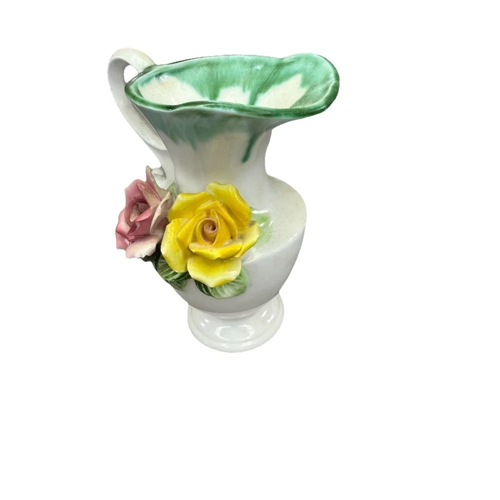 Vintage Wales Japan Ceramic Rose Pitcher Vase Pink Yellow Flowers Green Drip